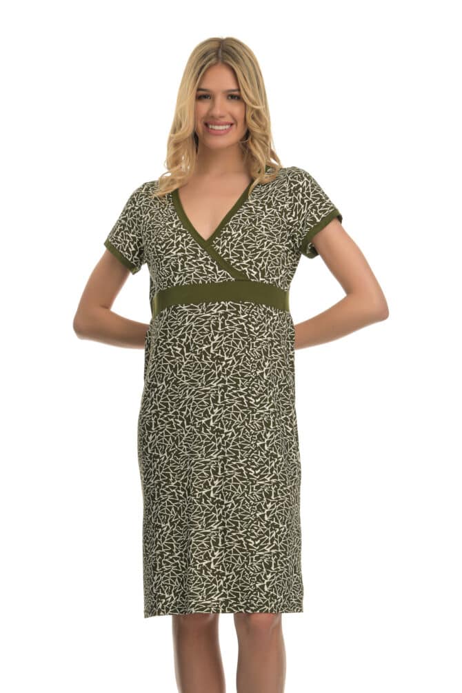 Φόρεμα Κοντομάνικο Εμπριμέ από Viscose Ανώτερης Ποιότητας, Κρουαζέ με V Λαιμόκοψη σε Κλασσική Γραμμή - PNN Nightwear