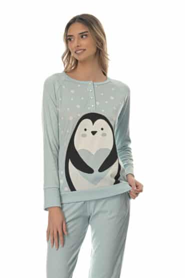 Πυτζάμα Γυναικεία Σετ με Εντυπωσιακή All-Over Στάμπα Penguin και Άνετο Μονόχρωμο Παντελόνι με Λάστιχο στο Κάτω Μέρος - PNN Nightwear