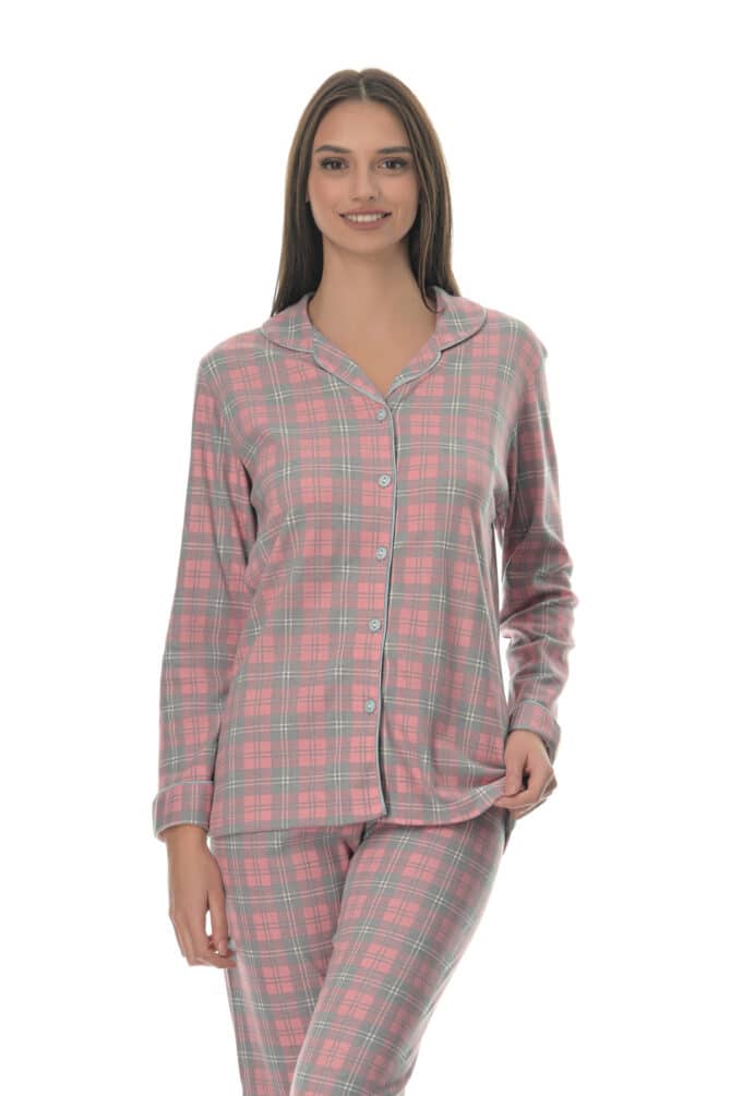 Πυτζάμα Γυναικεία Σετ με Κουμπιά και Πέτο Γιακά με Εντυπωσιακό All-Over Καρώ Σχέδιο - PNN Nightwear