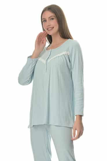 Πυτζάμα Γυναικεία Βαμβακερή Μονόχρωμη Με Δαντέλα και Μακριά Πατιλέτα - PNN Nightwear